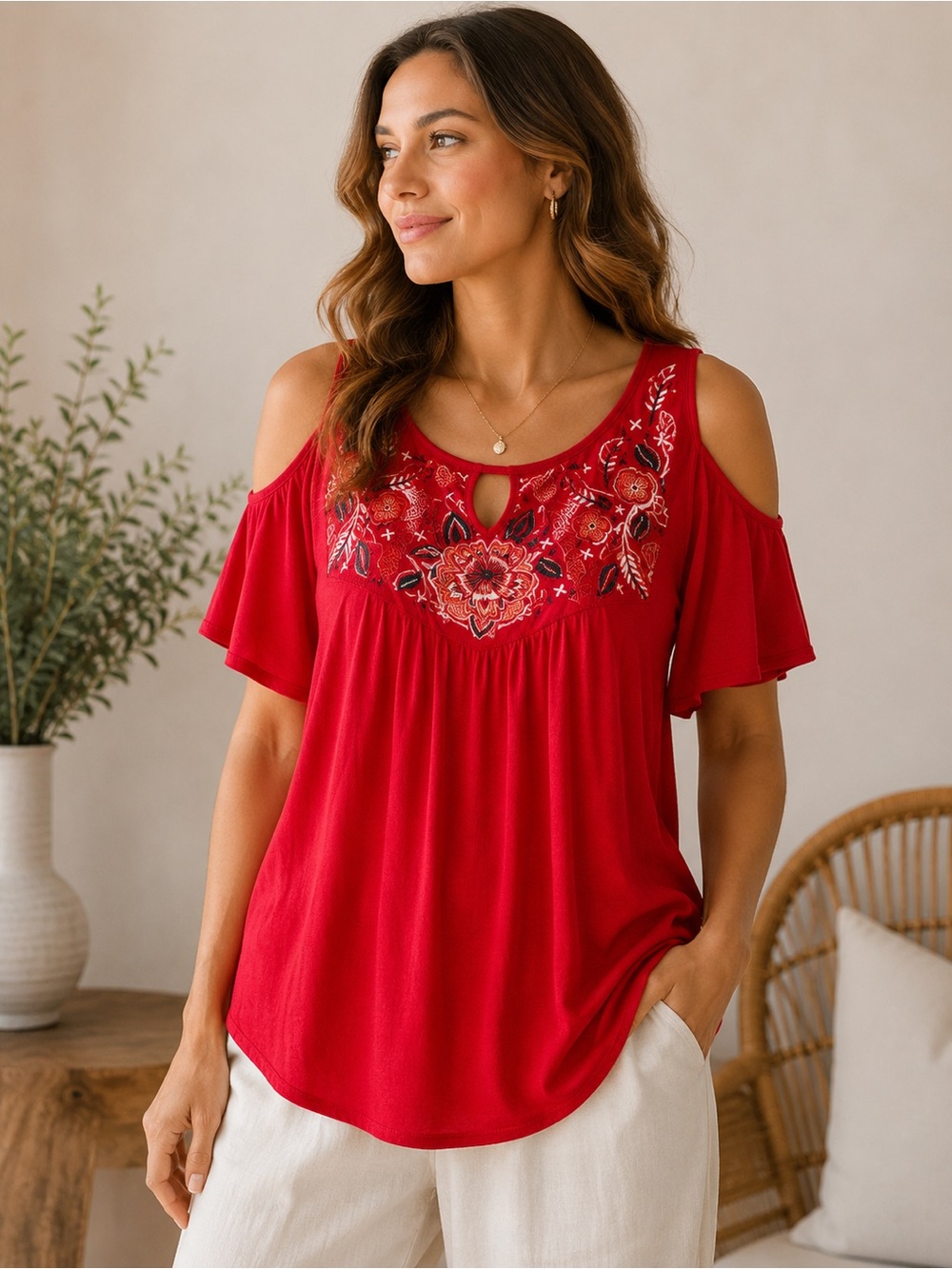 Kelly Renee Red Embroidered Cold Shoulder Boho Top Women’s Plus Size Boutique